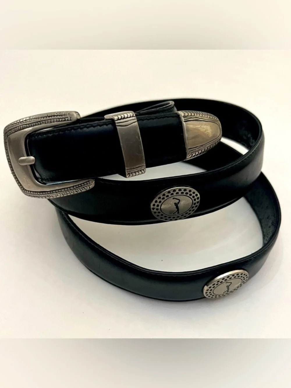 PGA TOUR Men’s Black Leather Silver Golf  Medallions Embellished Golf Belt